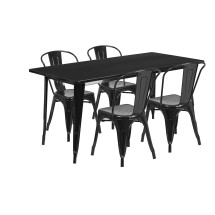 Flash Furniture ET-CT005-4-30-BK-GG 31.5&quot; x 63&quot; Rectangular Black Metal Indoor/Outdoor Table Set with 4 Stack Chairs