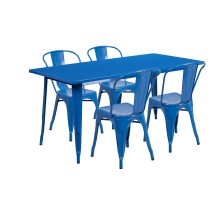 Flash Furniture ET-CT005-4-30-BL-GG 31.5&quot; x 63&quot; Rectangular Blue Metal Indoor/Outdoor Table Set with 4 Stack Chairs