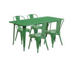 Flash Furniture ET-CT005-4-30-GN-GG 31.5" x 63" Rectangular Green Metal Indoor/Outdoor Table Set with 4 Stack Chairs