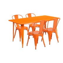 Flash Furniture ET-CT005-4-30-OR-GG 31.5" x 63" Rectangular Orange Metal Indoor/Outdoor Table Set with 4 Stack Chairs