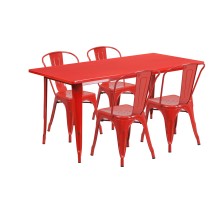 Flash Furniture ET-CT005-4-30-RED-GG 31.5&quot; x 63&quot; Rectangular Red Metal Indoor/Outdoor Table Set with 4 Stack Chairs