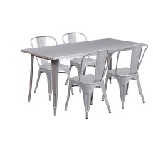 Flash Furniture ET-CT005-4-30-SIL-GG 31.5&quot; x 63&quot; Rectangular Silver Metal Indoor/Outdoor Table Set with 4 Stack Chairs