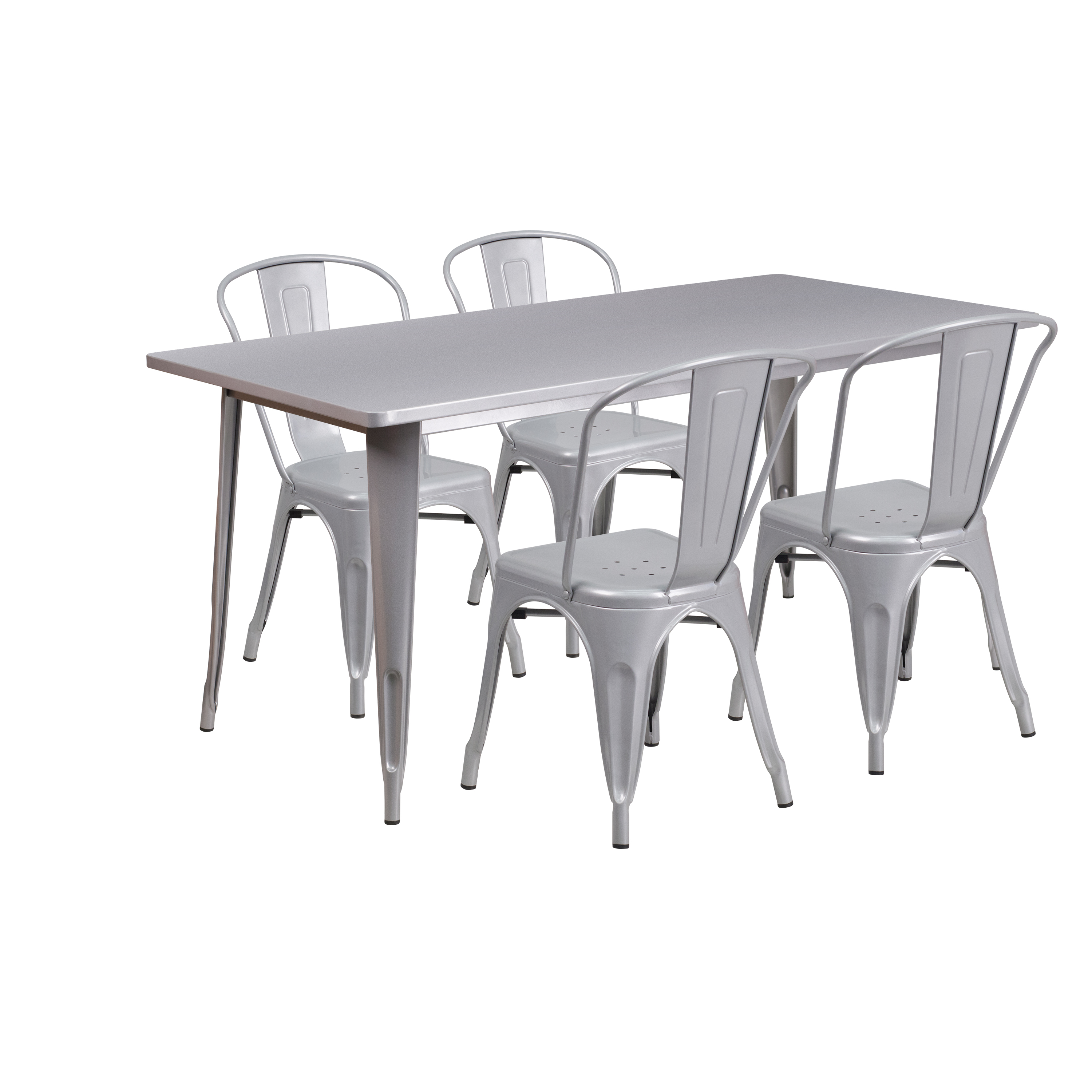 Flash Furniture ET-CT005-4-30-SIL-GG 31.5" x 63" Rectangular Silver Metal Indoor/Outdoor Table Set with 4 Stack Chairs