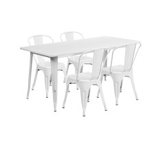 Flash Furniture ET-CT005-4-30-WH-GG 31.5&quot; x 63&quot; Rectangular White Metal Indoor/Outdoor Table Set with 4 Stack Chairs