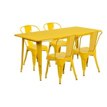 Flash Furniture ET-CT005-4-30-YL-GG 31.5&quot; x 63&quot; Rectangular Yellow Metal Indoor/Outdoor Table Set with 4 Stack Chairs