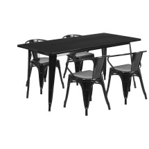 Flash Furniture ET-CT005-4-70-BK-GG 31.5&quot; x 63&quot; Rectangular Black Metal Indoor/Outdoor Table Set with 4 Arm Chairs