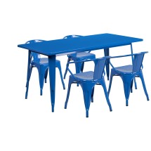 Flash Furniture ET-CT005-4-70-BL-GG 31.5&quot; x 63&quot; Rectangular Blue Metal Indoor/Outdoor Table Set with 4 Arm Chairs