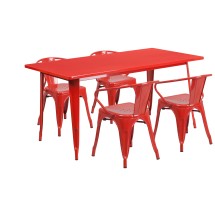 Flash Furniture ET-CT005-4-70-RED-GG 31.5&quot; x 63&quot; Rectangular Red Metal Indoor/Outdoor Table Set with 4 Arm Chairs