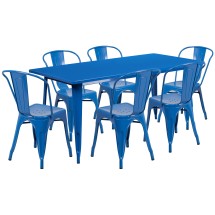 Flash Furniture ET-CT005-6-30-BL-GG 31.5&quot; x 63&quot; Rectangular Blue Metal Indoor/Outdoor Table Set with 6 Stack Chairs
