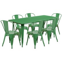 Flash Furniture ET-CT005-6-30-GN-GG 31.5&quot; x 63&quot; Rectangular Green Metal Indoor/Outdoor Table Set with 6 Stack Chairs