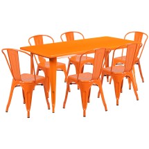 Flash Furniture ET-CT005-6-30-OR-GG 31.5" x 63" Rectangular Orange Metal Indoor/Outdoor Table Set with 6 Stack Chairs