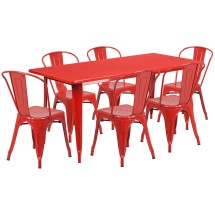 Flash Furniture ET-CT005-6-30-RED-GG 31.5&quot; x 63&quot; Rectangular Red Metal Indoor/Outdoor Table Set with 6 Stack Chairs