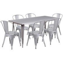 Flash Furniture ET-CT005-6-30-SIL-GG 31.5&quot; x 63&quot; Rectangular Silver Metal Indoor/Outdoor Table Set with 6 Stack Chairs