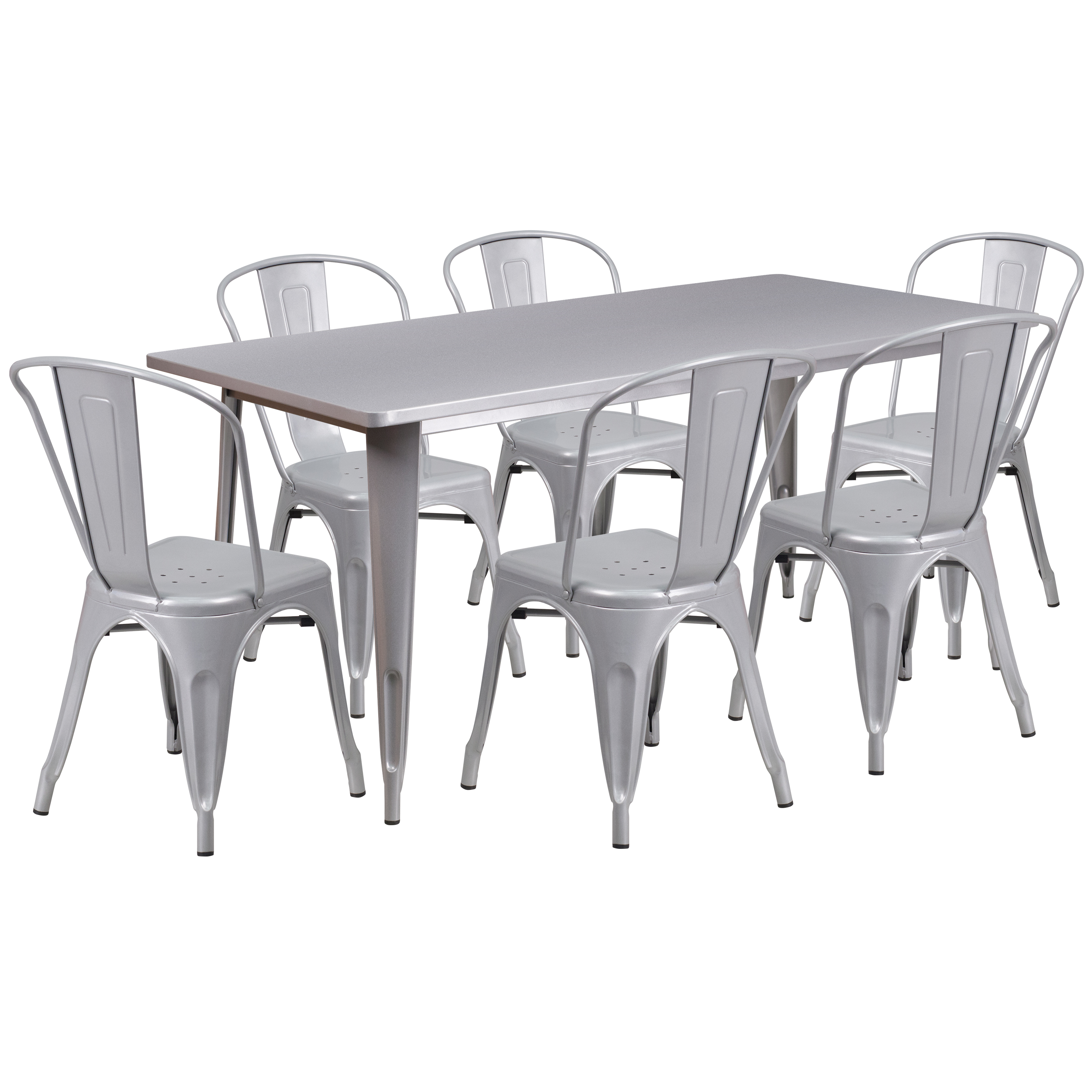 Flash Furniture ET-CT005-6-30-SIL-GG 31.5" x 63" Rectangular Silver Metal Indoor/Outdoor Table Set with 6 Stack Chairs