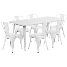 Flash Furniture ET-CT005-6-30-WH-GG 31.5&quot; x 63&quot; Rectangular White Metal Indoor/Outdoor Table Set with 6 Stack Chairs