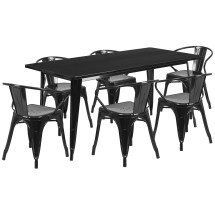 Flash Furniture ET-CT005-6-70-BK-GG 31.5&quot; x 63&quot; Rectangular Black Metal Indoor/Outdoor Table Set with 6 Arm Chairs