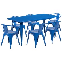 Flash Furniture ET-CT005-6-70-BL-GG 31.5" x 63" Rectangular Blue Metal Indoor/Outdoor Table Set with 6 Arm Chairs