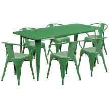 Flash Furniture ET-CT005-6-70-GN-GG 31.5&quot; x 63&quot; Rectangular Green Metal Indoor/Outdoor Table Set with 6 Arm Chairs