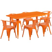 Flash Furniture ET-CT005-6-70-OR-GG 31.5&quot; x 63&quot; Rectangular Orange Metal Indoor/Outdoor Table Set with 6 Arm Chairs