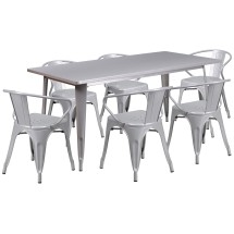 Flash Furniture ET-CT005-6-70-SIL-GG 31.5" x 63" Rectangular Silver Metal Indoor/Outdoor Table Set with 6 Arm Chairs