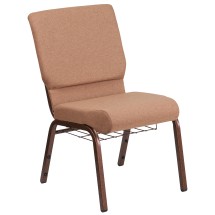 Flash Furniture FD-CH02185-CV-BN-BAS-GG Hercules 18.5''W Caramel Fabric Church Chair with Cup Book Rack - Copper Vein Frame