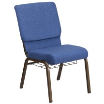 Flash Furniture FD-CH02185-GV-BLUE-BAS-GG Hercules 18.5''W Blue Fabric Church Chair with Cup Book Rack - Gold Vein Frame