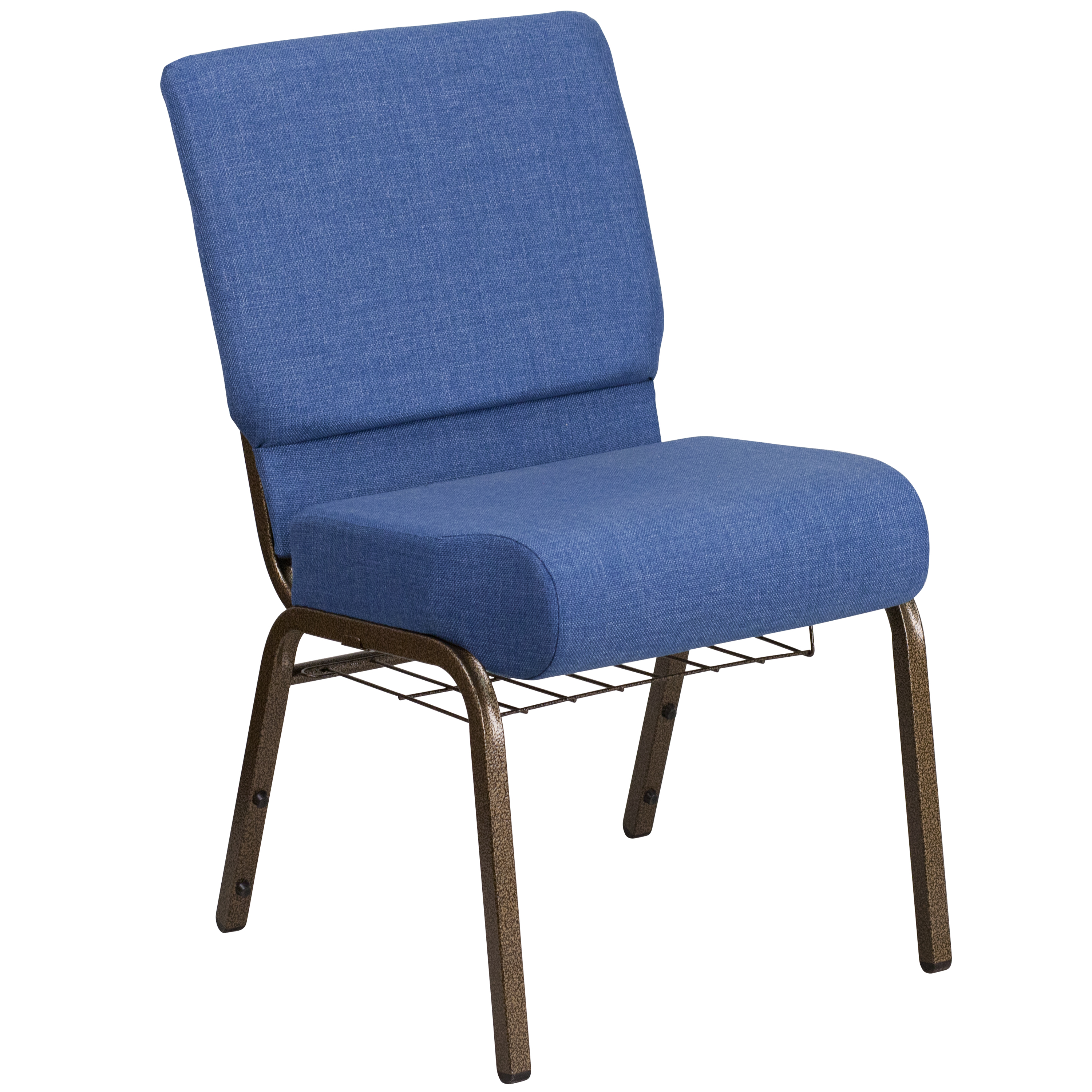Flash Furniture FD-CH0221-4-GV-BLUE-BAS-GG Hercules 21''W Blue Fabric Church Chair with Cup Book Rack - Gold Vein Frame