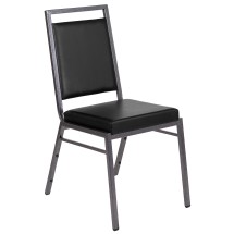 Flash Furniture FD-LUX-SIL-BK-V-GG Hercules Square Back Black Vinyl Stacking Banquet Chair - Silvervein Frame