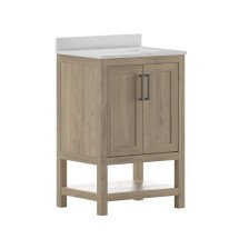 Flash Furniture FS-VEGA24-BR-GG 24&quot; Bathroom Vanity with Sink Combo, Storage Cabinet and Open Shelf, Carrara Marble Finish Countertop, Brown/White