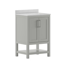 Flash Furniture FS-VEGA24-GY-GG 24&quot; Bathroom Vanity with Sink Combo, Storage Cabinet and Open Shelf, Carrara Marble Finish Countertop, Gray/White