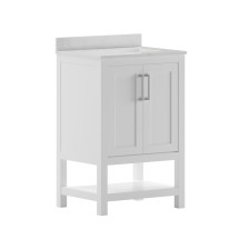 Flash Furniture FS-VEGA24-WH-GG 24&quot; Bathroom Vanity with Sink Combo, Storage Cabinet and Open Shelf, Carrara Marble Finish Countertop, White/White