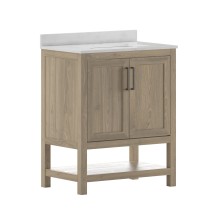 Flash Furniture FS-VEGA30-BR-GG 30&quot; Bathroom Vanity with Sink Combo, Storage Cabinet and Open Shelf, Carrara Marble Finish Countertop, Brown/White