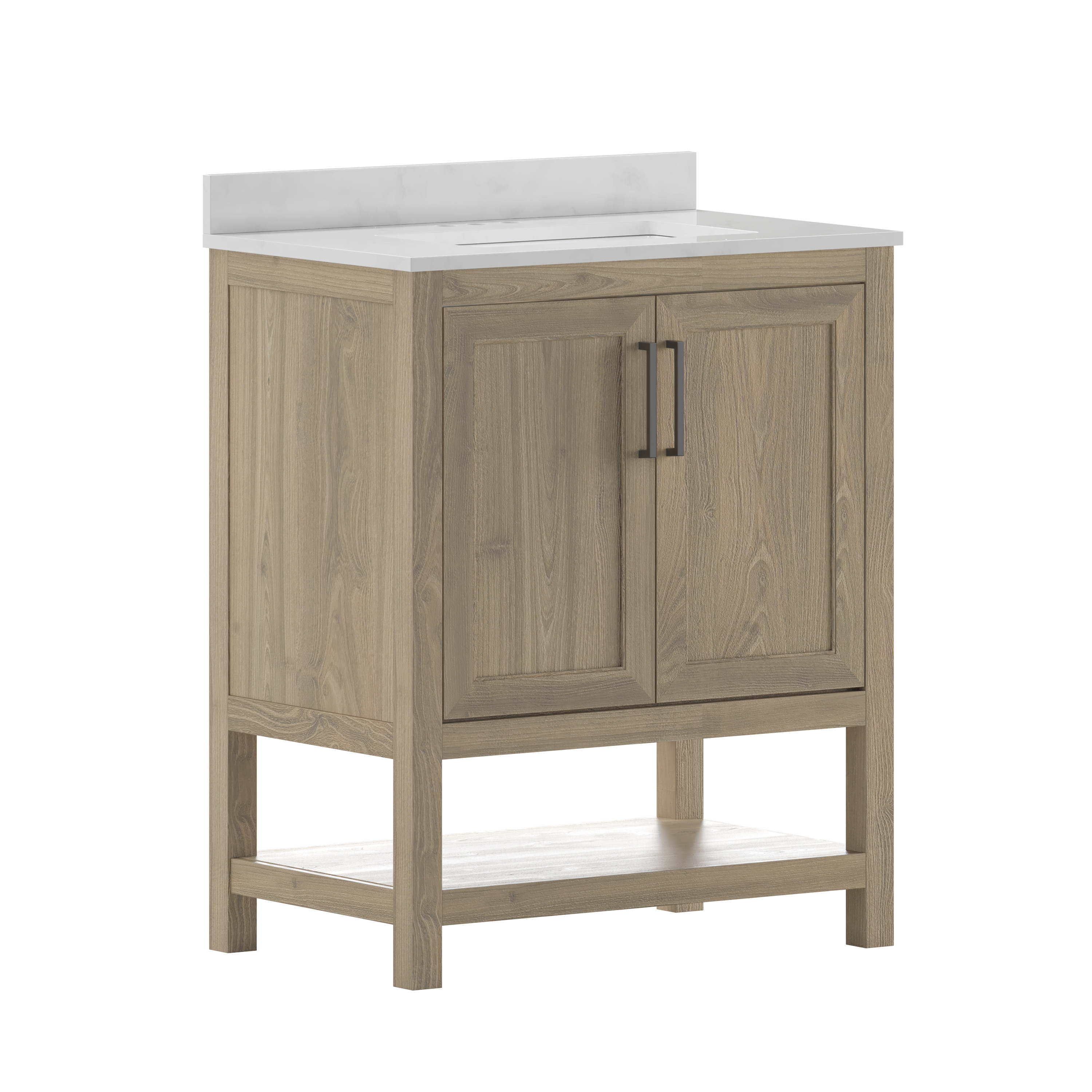 Flash Furniture FS-VEGA30-BR-GG 30" Carrara Marble Bathroom Vanity with Sink, Storage Cabinet with Open Shelf, Brown/White