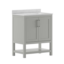 Flash Furniture FS-VEGA30-GY-GG 30" Bathroom Vanity with Sink Combo, Storage Cabinet and Open Shelf, Carrara Marble Finish Countertop, Gray/White