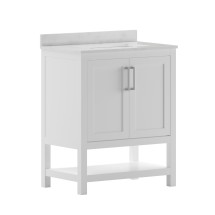 Flash Furniture FS-VEGA30-WH-GG 30" Bathroom Vanity with Sink Combo, Storage Cabinet and Open Shelf, Carrara Marble Finish Countertop, White/White