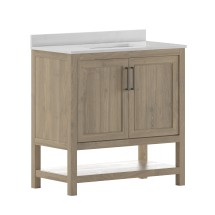 Flash Furniture FS-VEGA36-BR-GG 36" Bathroom Vanity with Sink Combo, Storage Cabinet and Open Shelf, Carrara Marble Finish Countertop, Brown/White