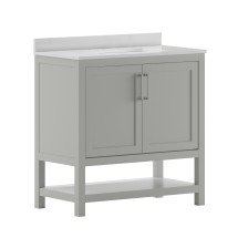 Flash Furniture FS-VEGA36-GY-GG 36" Bathroom Vanity with Sink Combo, Storage Cabinet and Open Shelf, Carrara Marble Finish Countertop, Gray/White