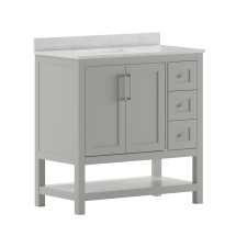 Flash Furniture FS-VEGA36-KD-GY-GG 36&quot; Bathroom Vanity with Sink Combo, Storage Cabinet, Open Shelf and 3 Drawers, Carrara Marble Finish Countertop, Gray/White
