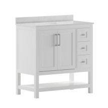 Flash Furniture FS-VEGA36-KD-WH-GG 36&quot; Bathroom Vanity with Sink Combo, Storage Cabinet, Open Shelf and 3 Drawers, Carrara Marble Finish Countertop, White/White