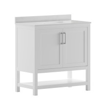 Flash Furniture FS-VEGA36-WH-GG 36&quot; Bathroom Vanity with Sink Combo, Storage Cabinet with Doors and Open Shelf, Carrara Marble Finish Countertop, White/White