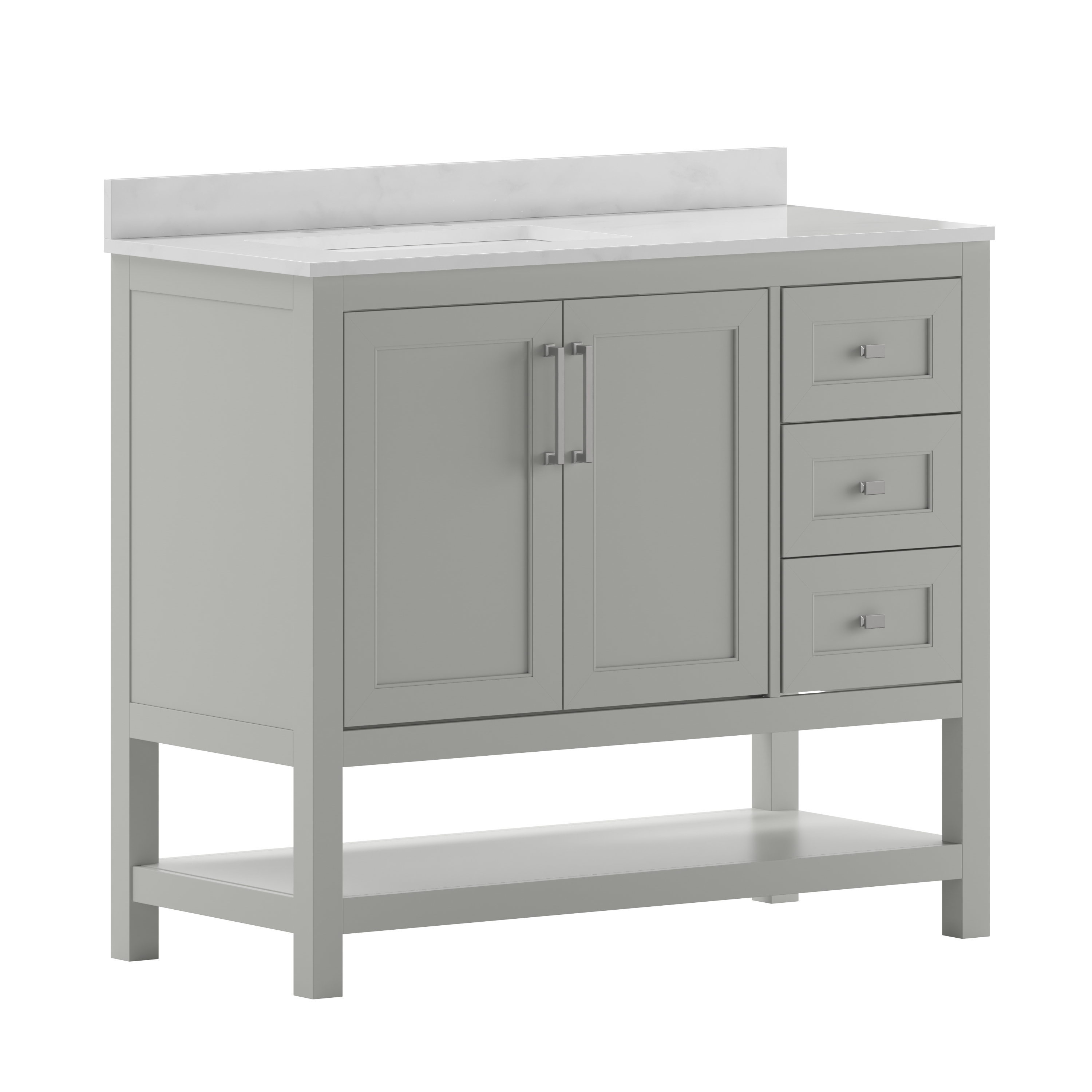 Flash Furniture FS-VEGA42-GY-GG 42" Carrara Marble Bathroom Vanity with Sink, Cabinet with Soft Close Doors, Open Shelf, Drawers, Gray/White