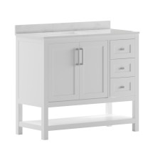 Flash Furniture FS-VEGA42-WH-GG 42" Bathroom Vanity with Sink Combo, Storage Cabinet with Soft Close Doors, Open Shelf and 3 Drawers, Carrara Marble Finish Countertop, White/White