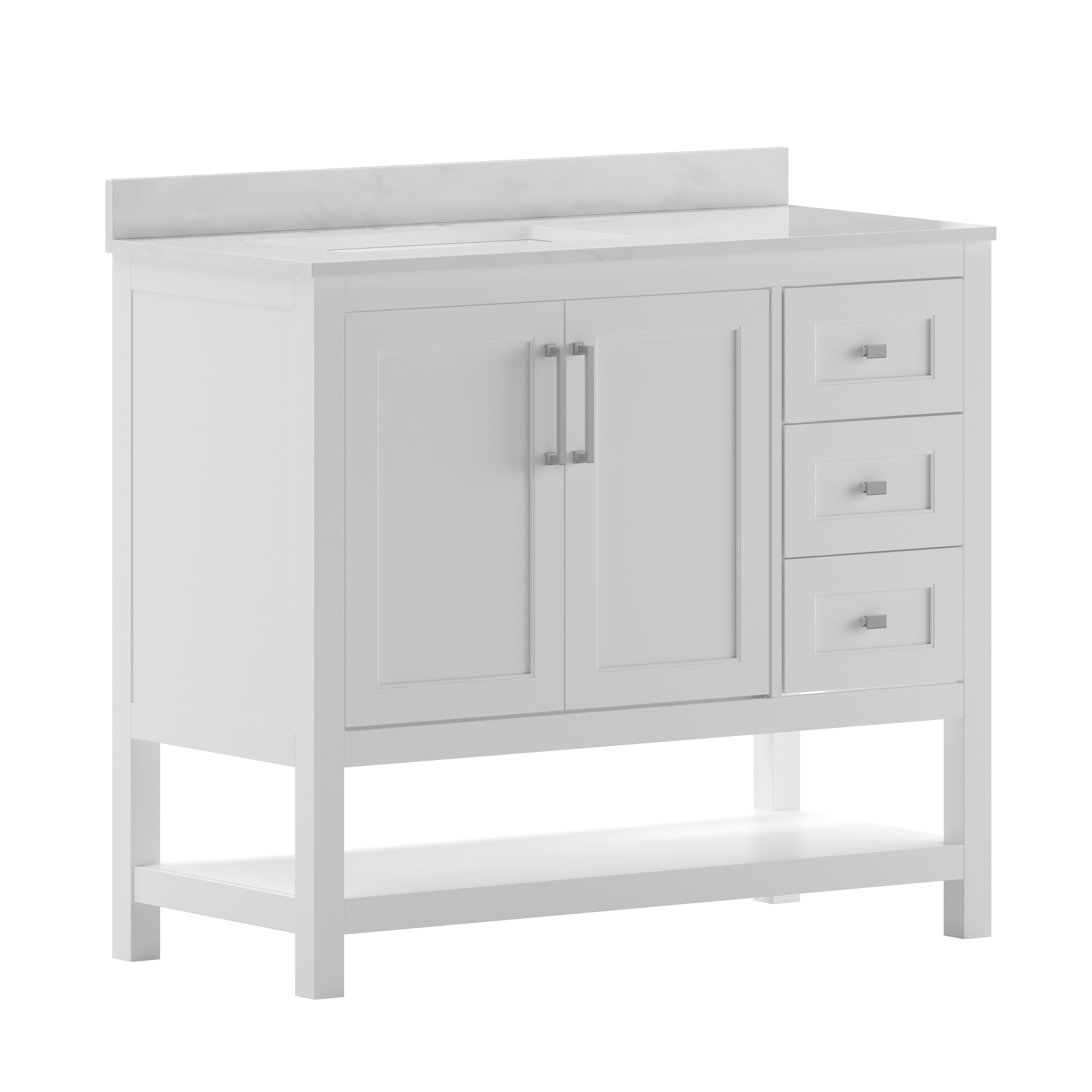 Flash Furniture FS-VEGA42-WH-GG 42" Carrara Marble Bathroom Vanity with Sink, Cabinet with Soft Close Doors, Open Shelf, Drawers, White/White
