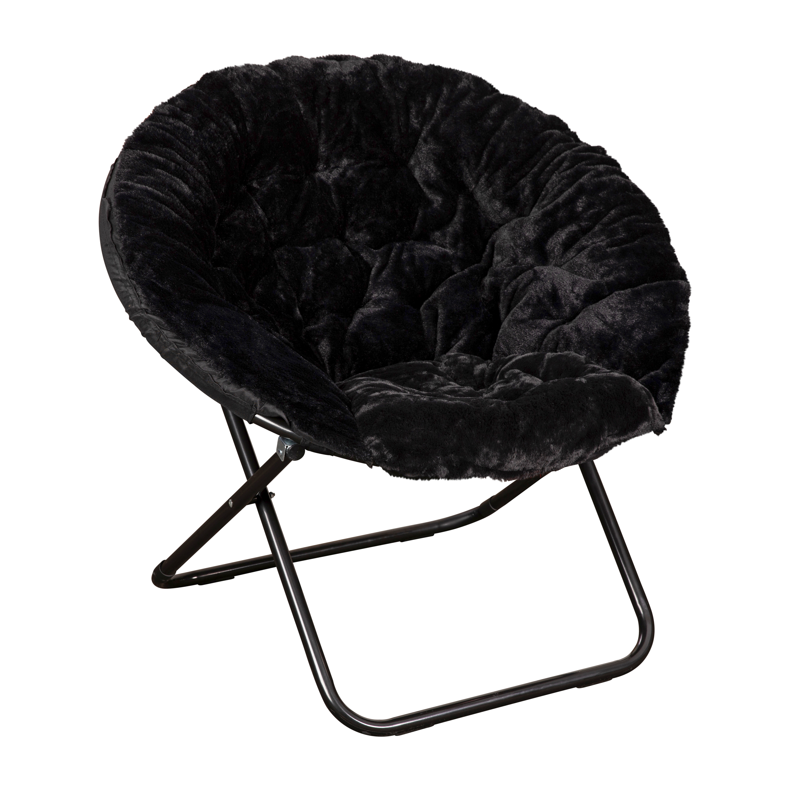 Flash Furniture FV-FMC-025-BK-BK-GG 38" Oversize Portable Faux Fur Folding Saucer Moon Chair, Black Faux Fur/Black Frame
