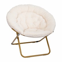 Flash Furniture FV-FMC-025-IV-SGD-GG 38" Oversize Portable Faux Fur Folding Saucer Moon Chair, Ivory Sherpa/Soft Gold Frame