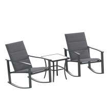 Flash Furniture FV-FSC-2315-BLK-GG 3 Piece Outdoor Rocking Chair and Glass Top Table Bistro Set, Black/Black