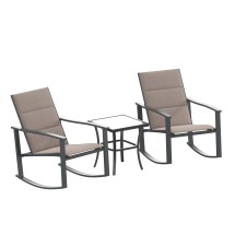 Flash Furniture FV-FSC-2315-BRN-GG 3 Piece Outdoor Rocking Chair and Glass Top Table Bistro Set, Brown/Black