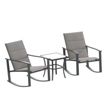 Flash Furniture FV-FSC-2315-GRY-GG3 Piece Outdoor Rocking Chair and Glass Top Table Bistro Set, Gray/Black