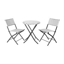 Flash Furniture FV-FWA085-BLK-WHT-GG 3 Piece Indoor/Outdoor Foldable French Bistro Set, PE Rattan Back, Seat and Table Top, Black/White with Black Frame