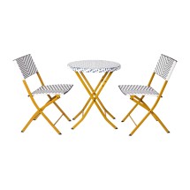 Flash Furniture FV-FWA085-NVY-WHT-GG 3 Piece Indoor/Outdoor Foldable French Bistro Set PE Rattan Back, Seat and Table Top, Navy/White with Natural Frame